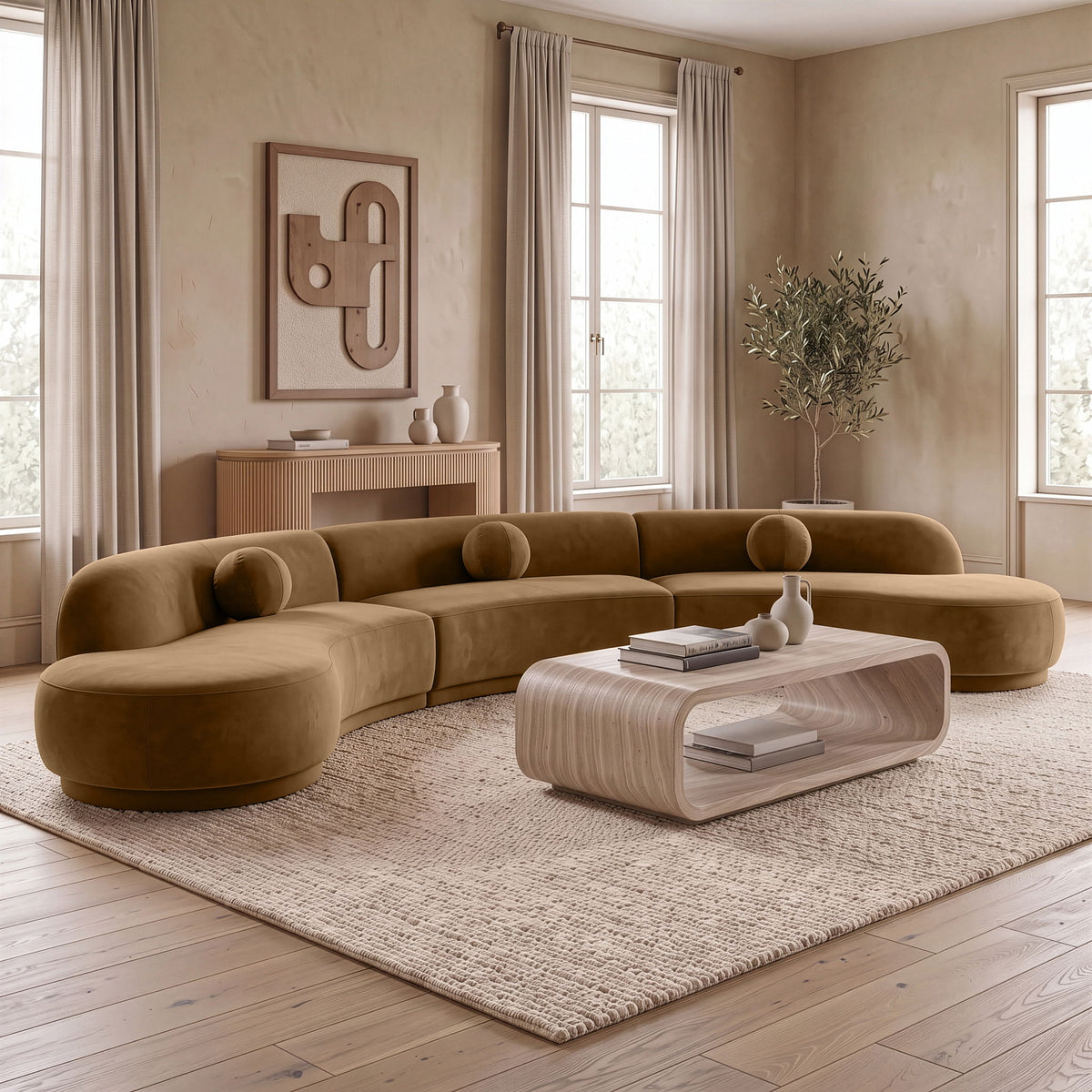 Beige velvet performance sectional with chaise, rounded arms, and back pillows