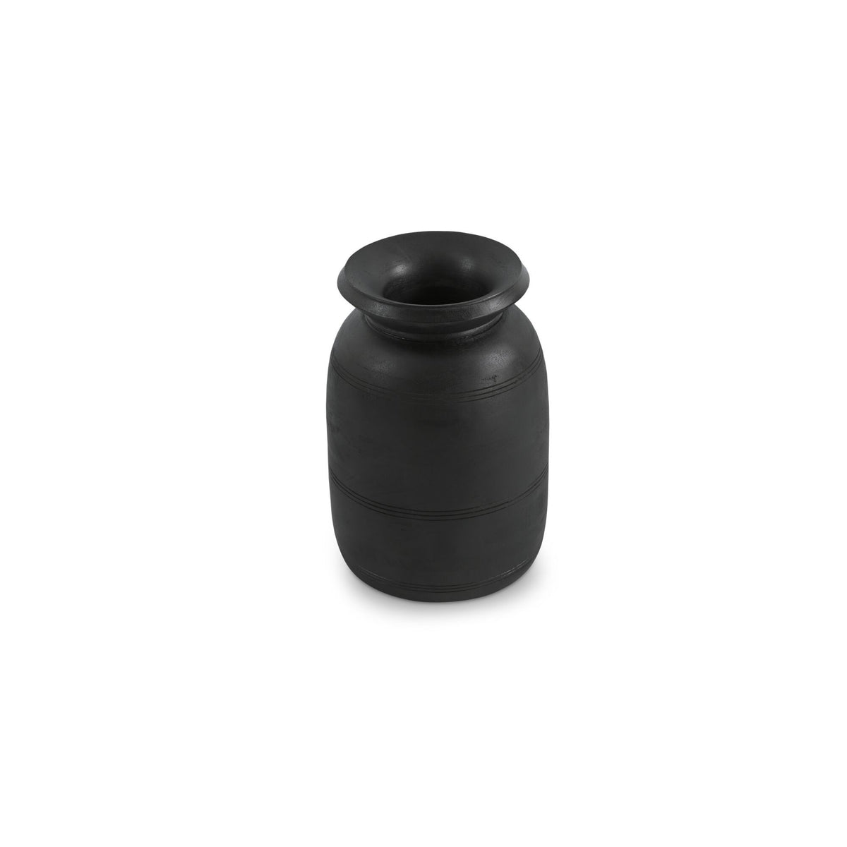 Black decorative vessel with wide mouth and rounded shoulder profile