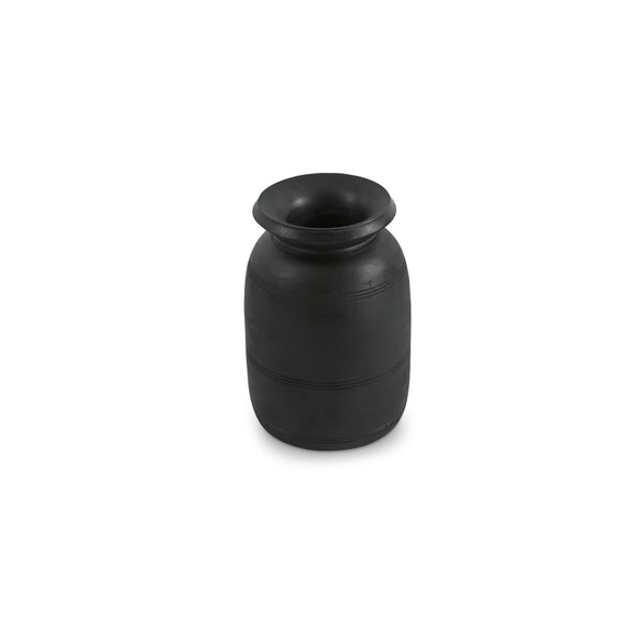 Black decorative vessel with wide mouth and rounded shoulder profile