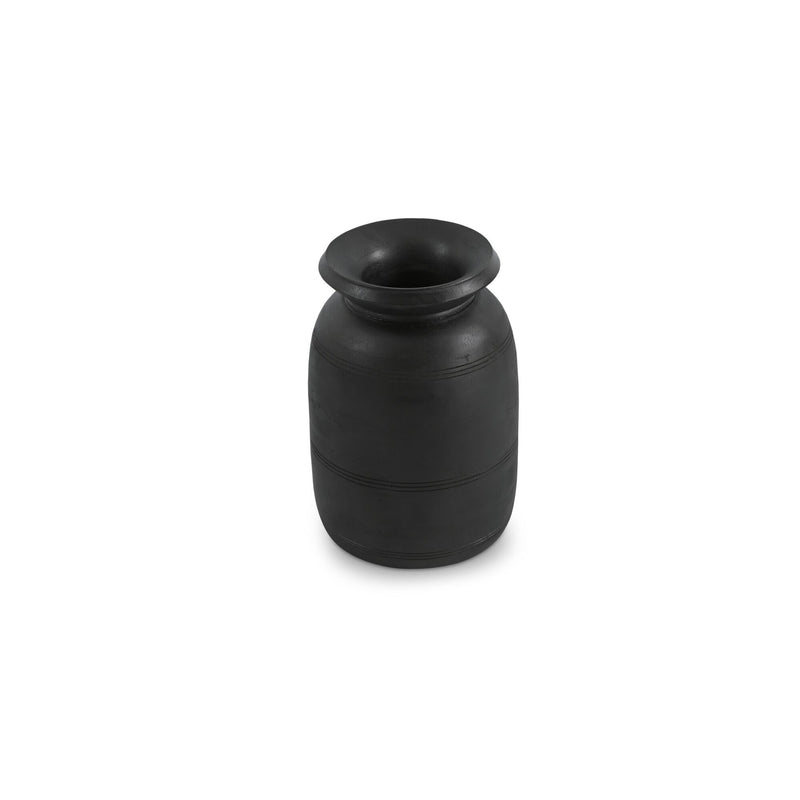 Black decorative vessel with wide mouth and rounded shoulder profile