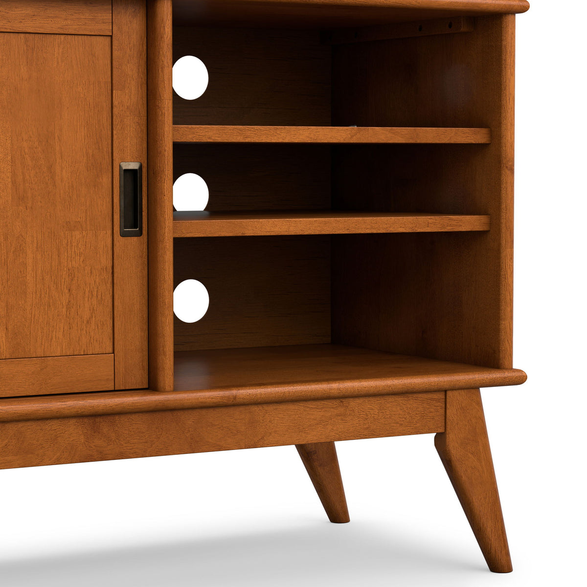 Warm brown TV stand interior with three open shelves and round shelf pegs