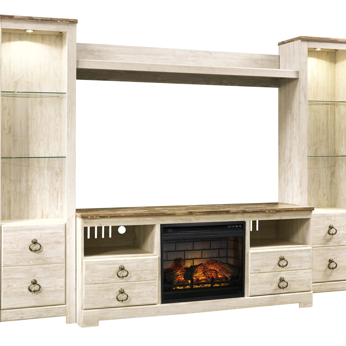Willowton - Whitewash - Entertainment Center - TV Stand With Faux Firebrick Fireplace Insert