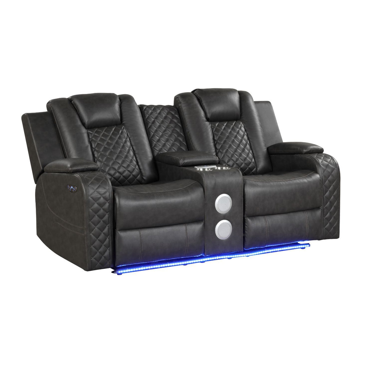 Dark gray power reclining loveseat with quilted back accents and blue LED light strip