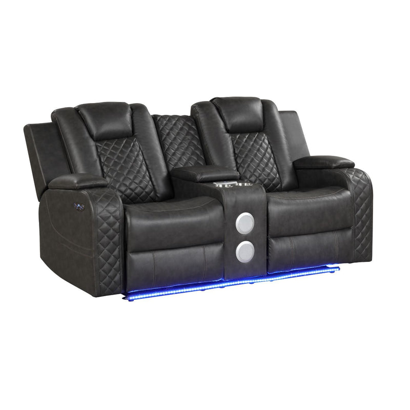 Dark gray power reclining loveseat with quilted back accents and blue LED light strip