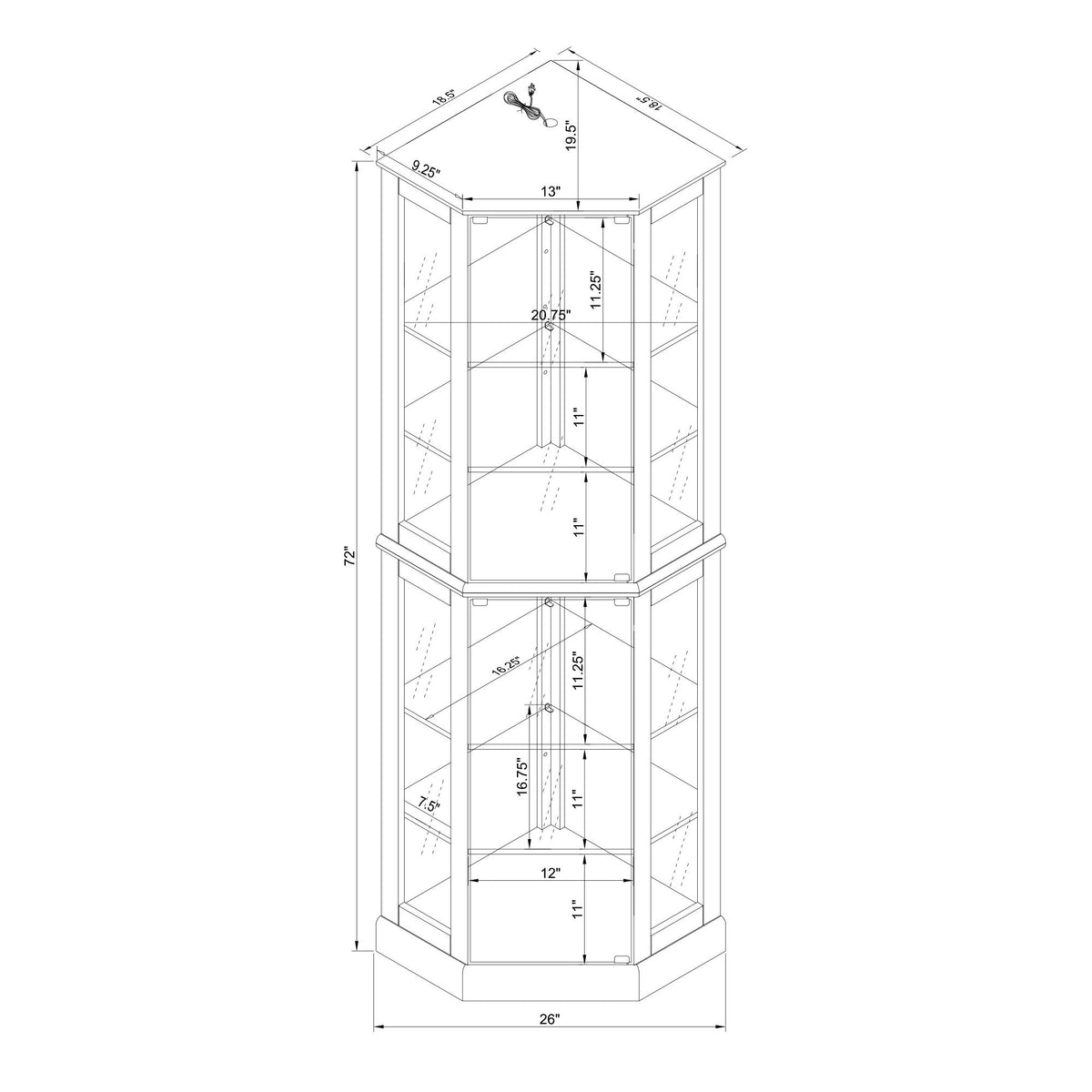 6 Shelf Corner Curio Display Cabinet With Lights, Mirrors And Adjustable Shelves (E26 Light Bulb Not Included)