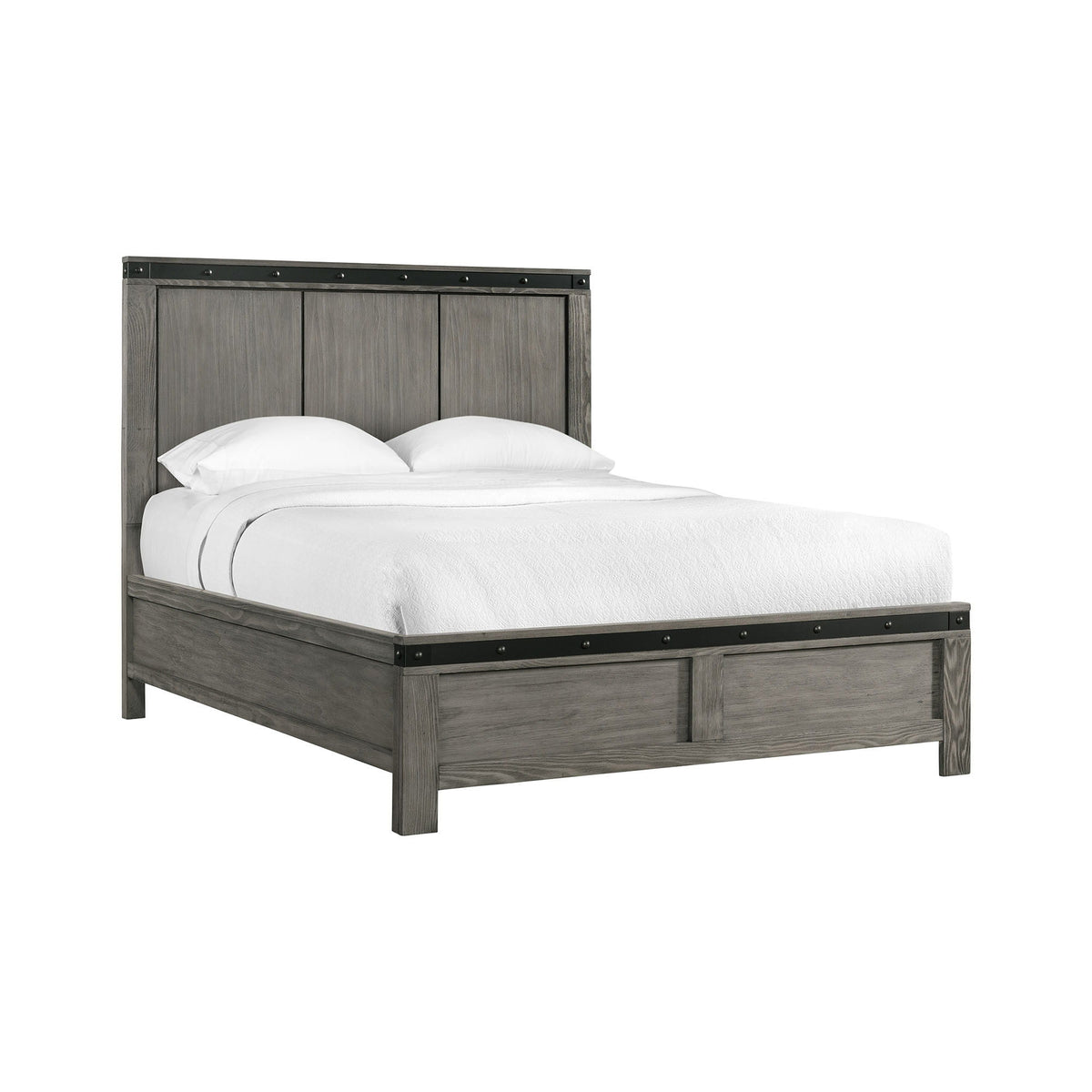 Panel bed frame in dark gray wood with metal corner accents and white bedding