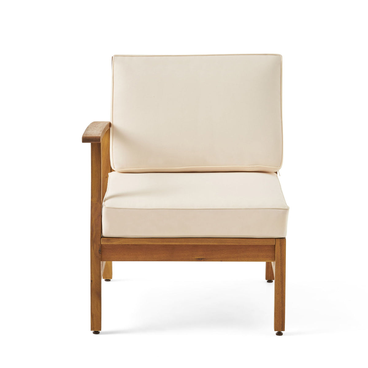 Beige upholstered sofa chair with wooden arms and legs.