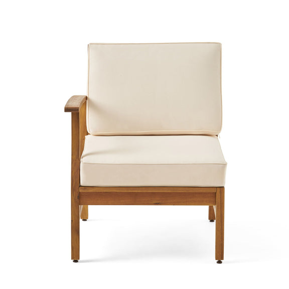 Beige upholstered sofa chair with wooden arms and legs.