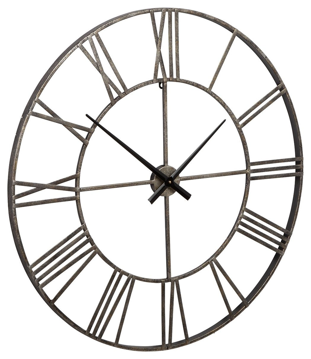 Antique silver metal wall clock with black hands and segmented round frame