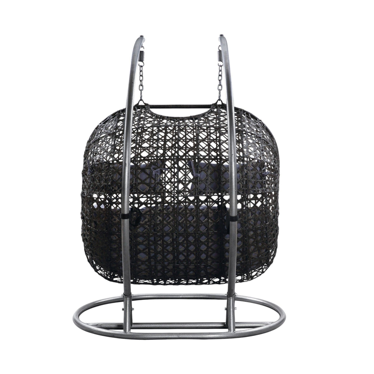 Dark wicker hanging chair with two hanging straps and light gray cushion set