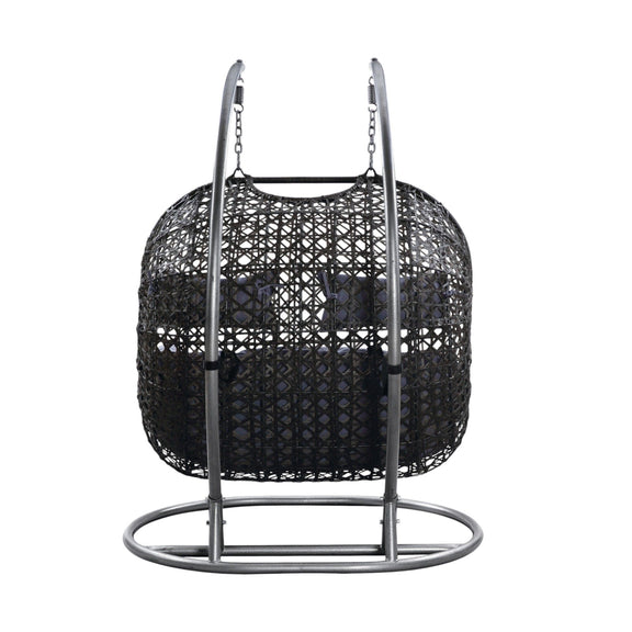 Dark wicker hanging chair with two hanging straps and light gray cushion set