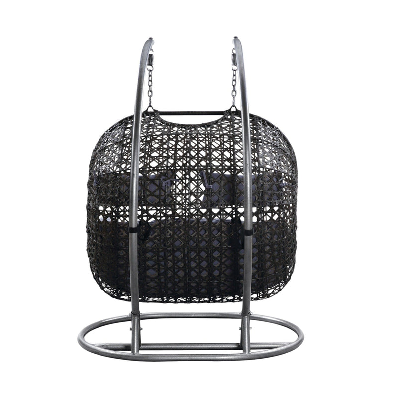 Dark wicker hanging chair with two hanging straps and light gray cushion set