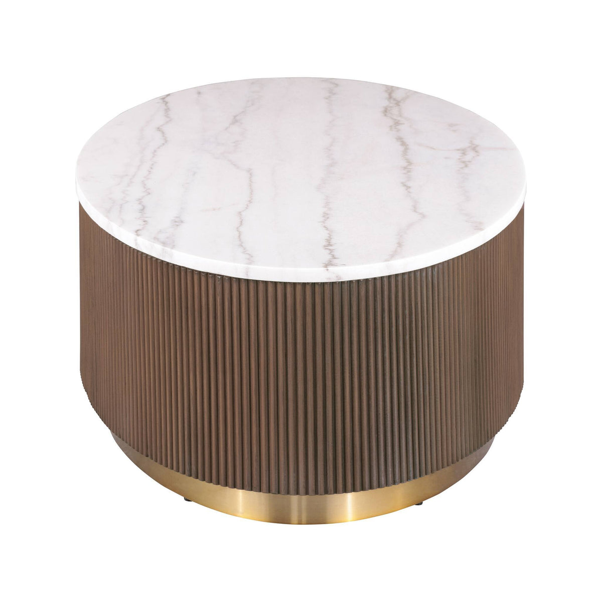 Round coffee table with white marble top, dark brown ribbed sides and gold base