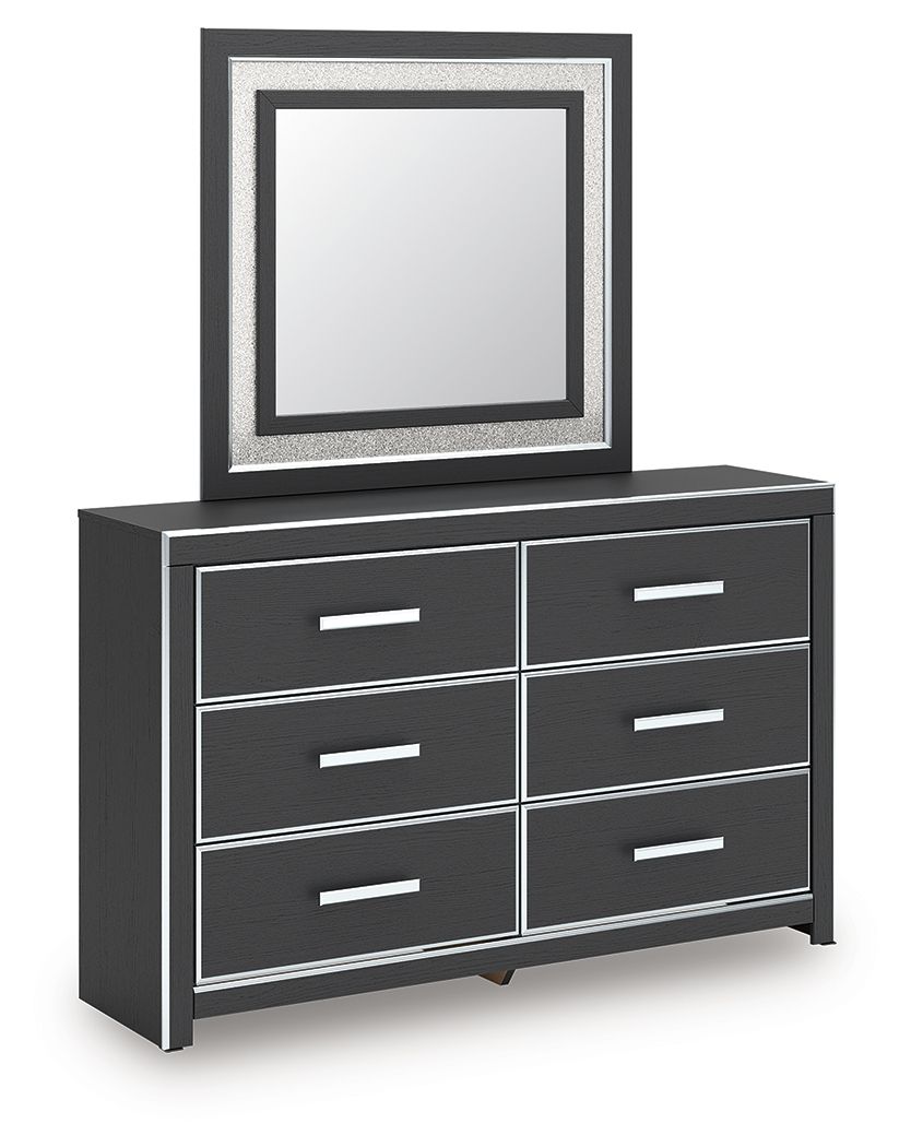 Six-drawer dresser with square mirror on top, dark finish and white bar handles