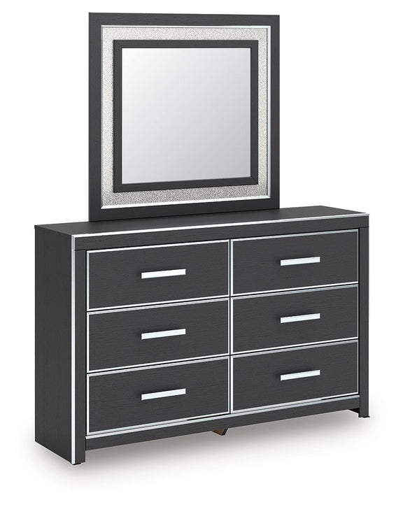Six-drawer dresser with square mirror on top, dark finish and white bar handles
