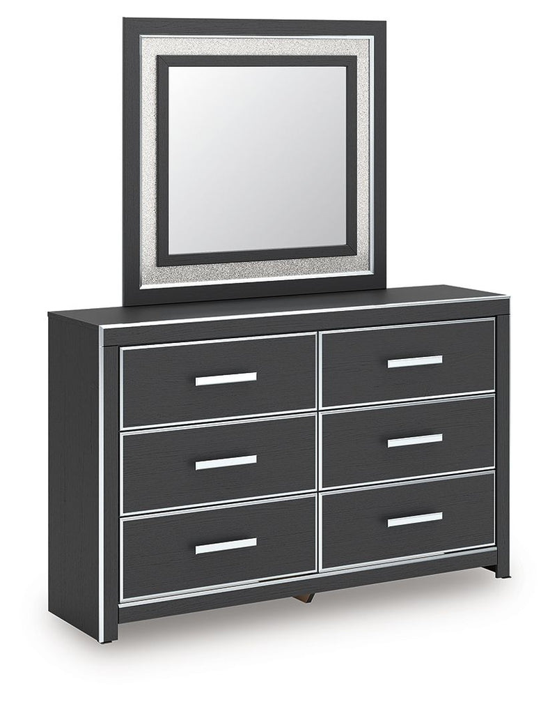Six-drawer dresser with square mirror on top, dark finish and white bar handles
