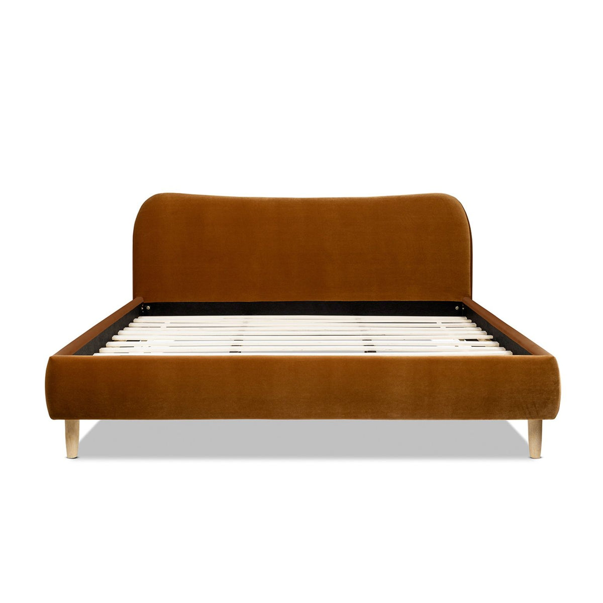Orange upholstered platform bed with curved headboard and slatted base, front view