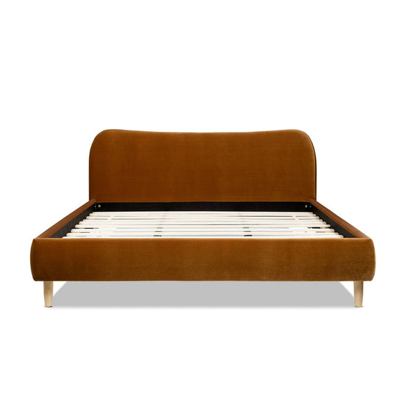Orange upholstered platform bed with curved headboard and slatted base, front view