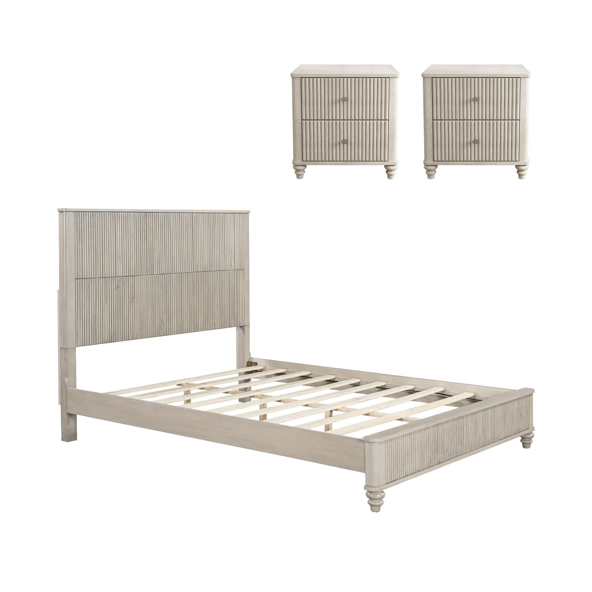 Beige 3-piece bedroom set with platform bed and two matching nightstands