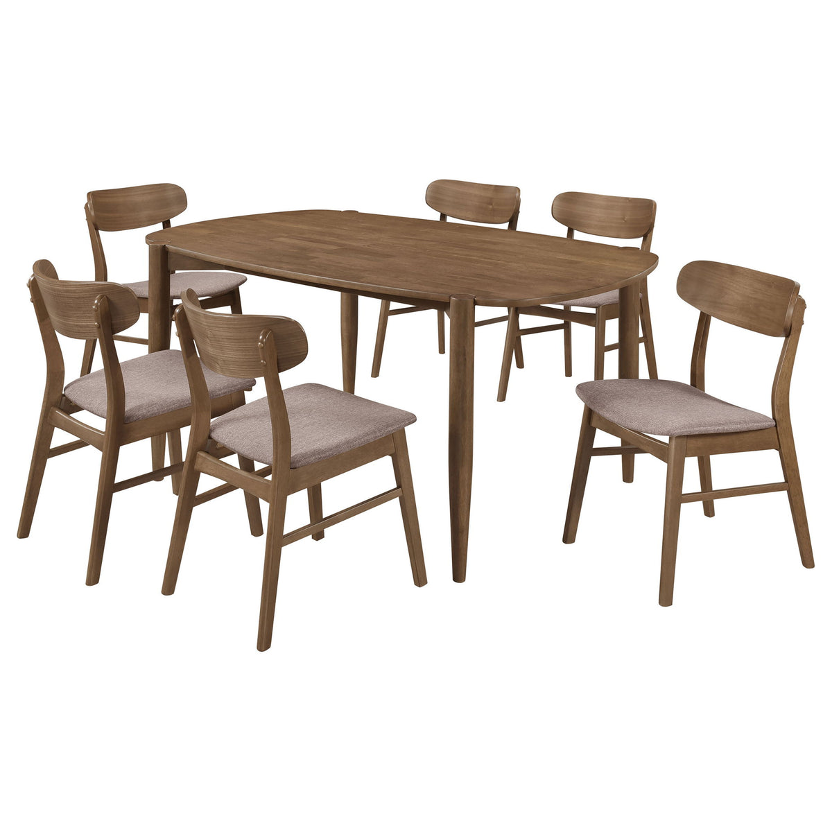 Dark brown dining set with rounded tabletop and upholstered dining chairs