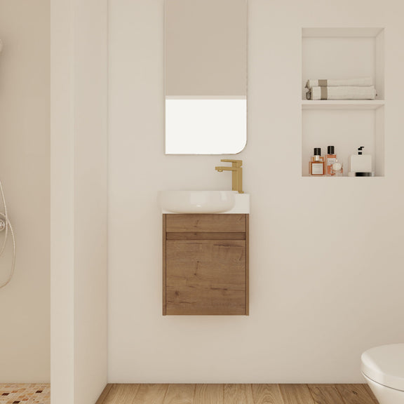 Wall-mounted floating bathroom vanity with ceramic sink, light wood cabinet, white basin