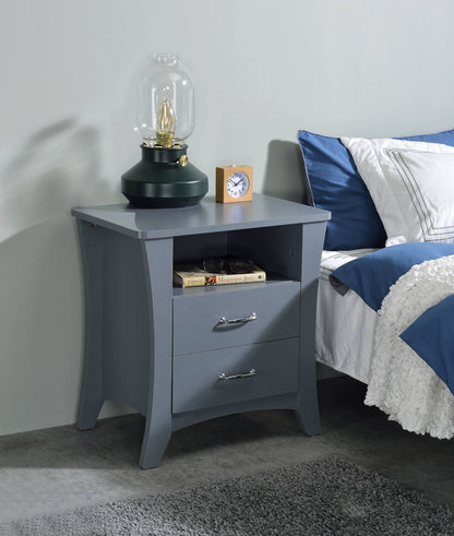 Dark gray accent table with open shelf and two drawers, metal pulls