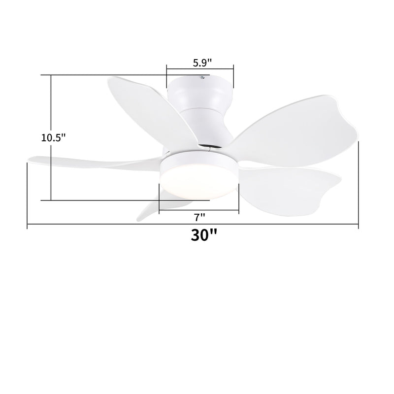 Low profile flush mount ceiling fan with light, white finish; dimension diagram shown.