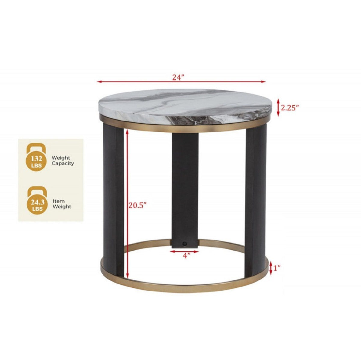 Round end table with marble-look top, black frame and gold-tone base ring