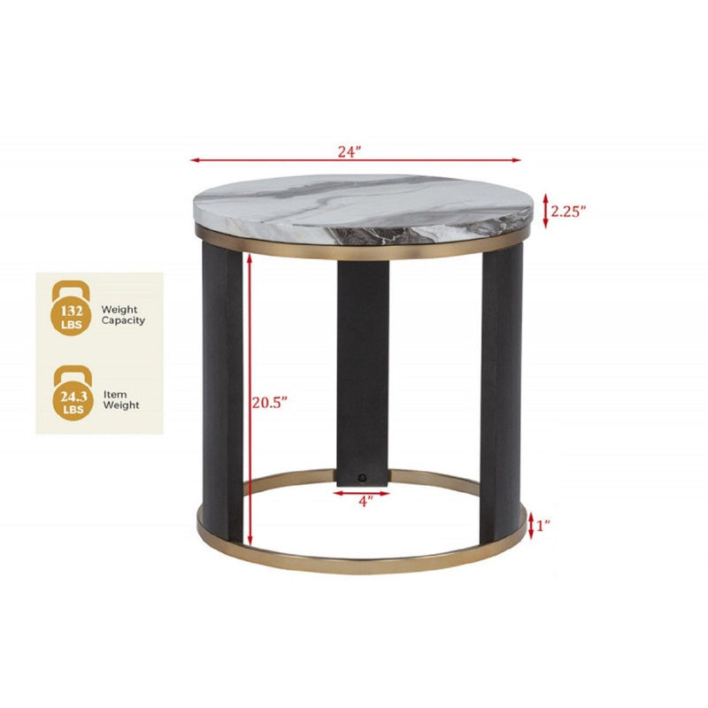 Round end table with marble-look top, black frame and gold-tone base ring