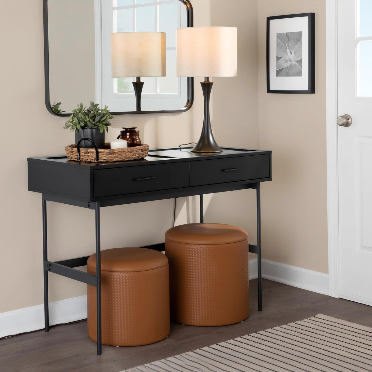 Set of 2 table lamps with black bases and beige fabric drum shades