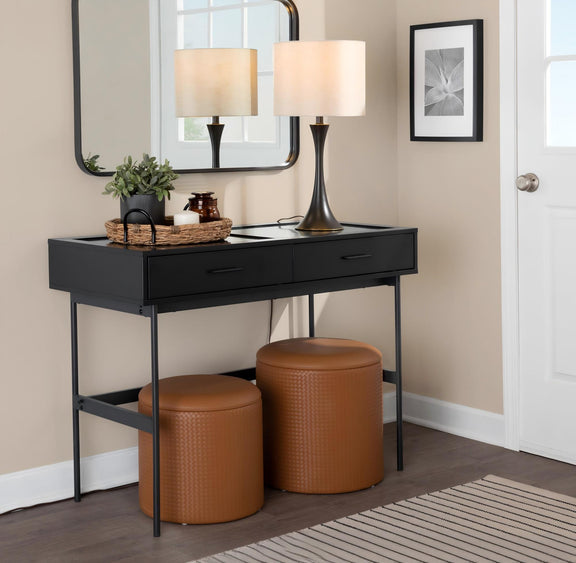 Set of 2 table lamps with black bases and beige fabric drum shades