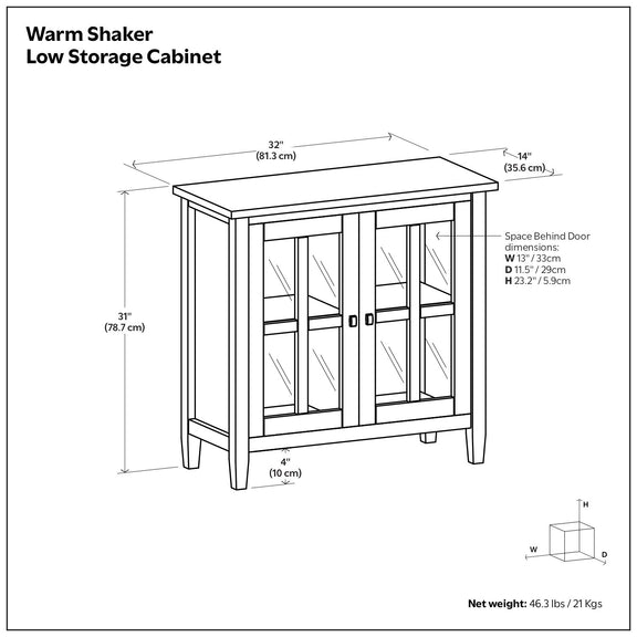 Shaker-style low storage cabinet diagram with front doors and size dimensions