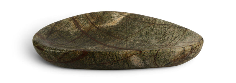 Green marble bowl with shallow dish shape and swirling dark veining.