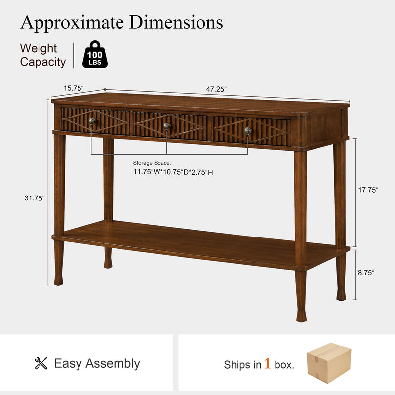 Walnut console table with three drawers, an open shelf, and labeled dimensions