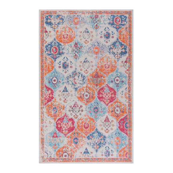 Orange and multicolor washable area rug with ornate patchwork medallion pattern