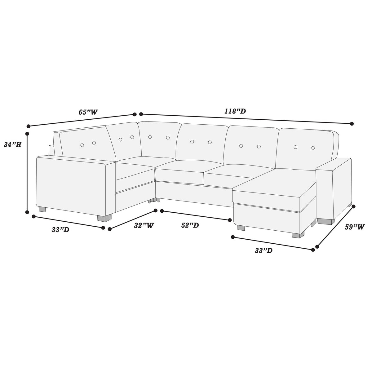 Reversible Chaise U - Sectional Couch, Living Room 3 Piece Set