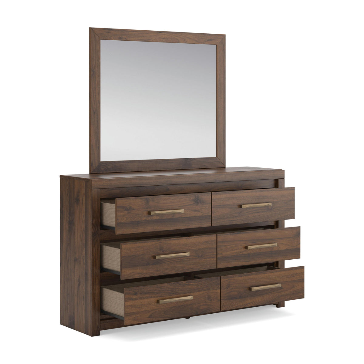 Light brown wood six-drawer dresser with tall rectangular mirror and horizontal bar handles