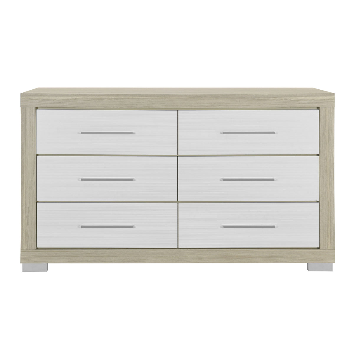 Two-tone dresser with six drawers and bar handles, light wood frame and white fronts