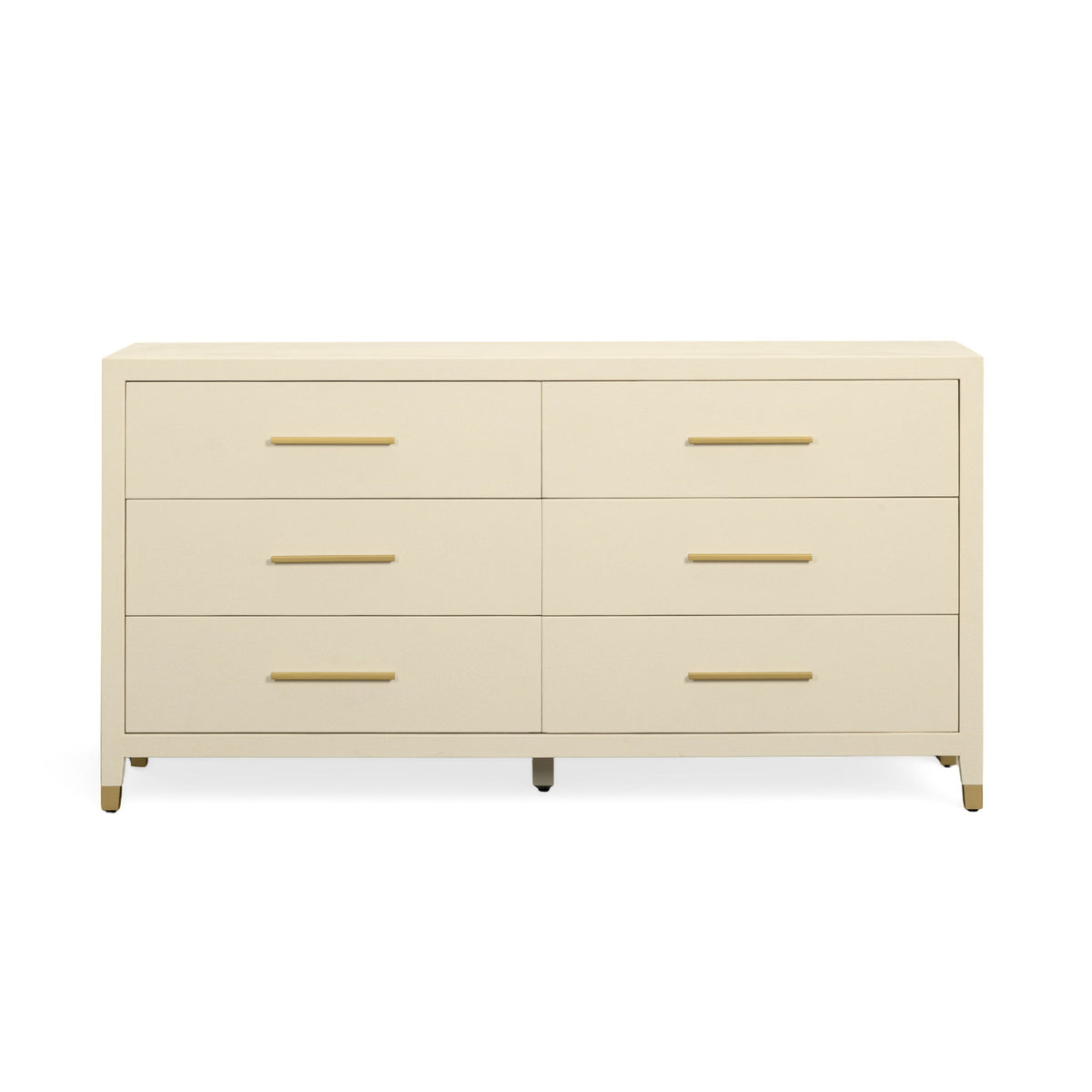 Cream faux shagreen 6-drawer dresser with gold bar pulls and tapered legs, front view