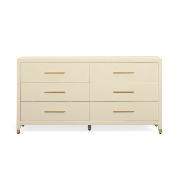 Cream faux shagreen 6-drawer dresser with gold bar pulls and tapered legs, front view