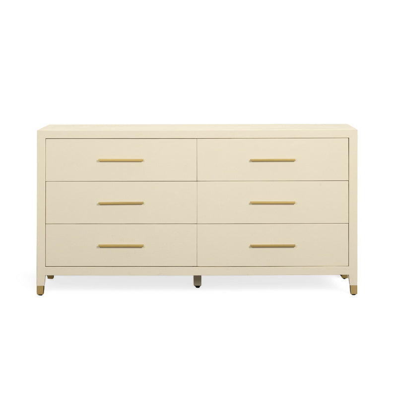 Cream faux shagreen 6-drawer dresser with gold bar pulls and tapered legs, front view