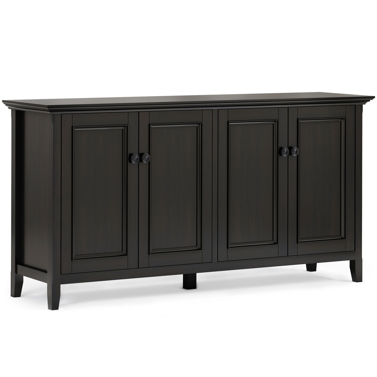 Wide dark brown cabinet with four paneled doors, round knobs, and a raised top