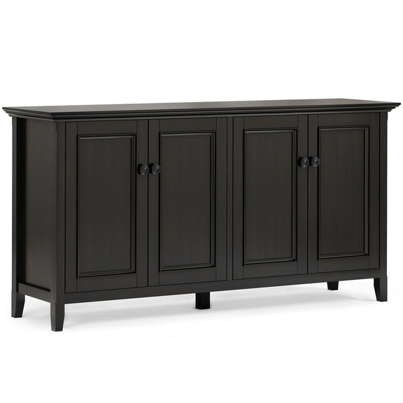 Wide dark brown cabinet with four paneled doors, round knobs, and a raised top