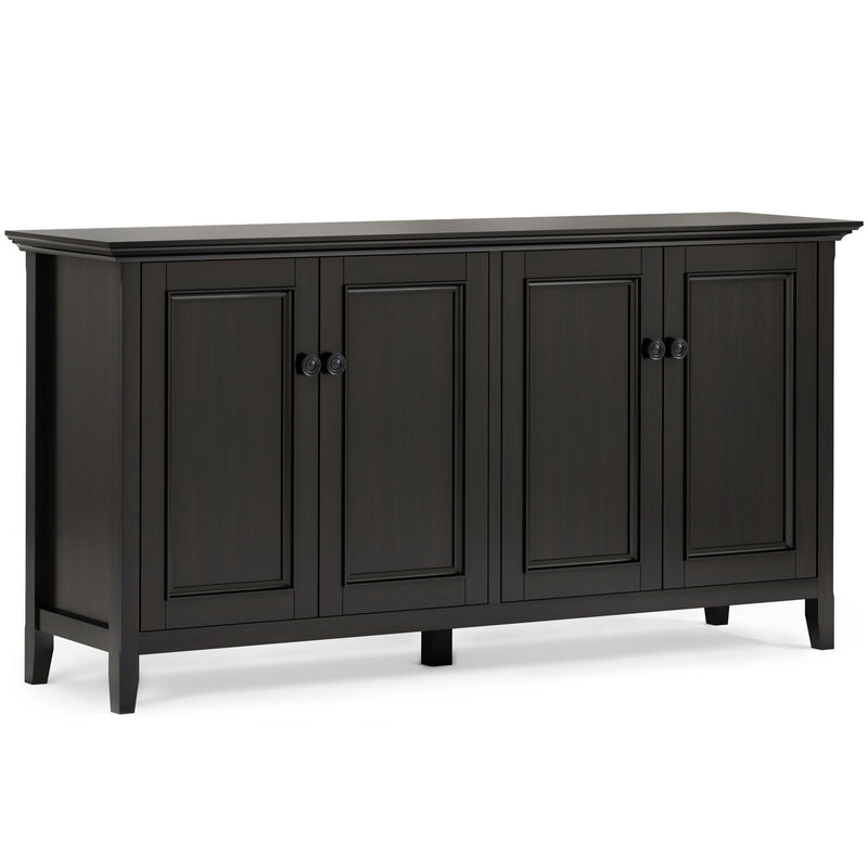 Wide dark brown cabinet with four paneled doors, round knobs, and a raised top