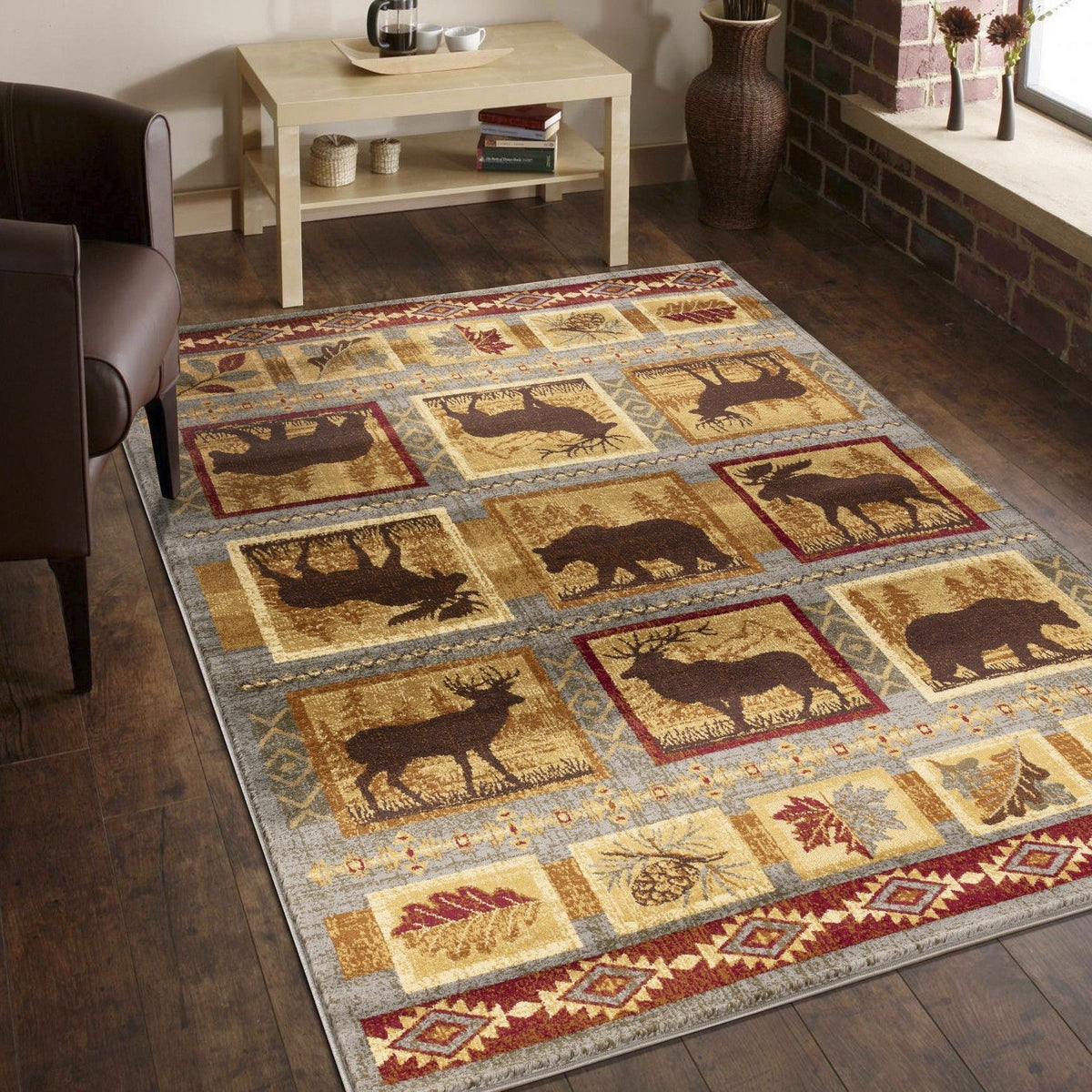 Lodge area rug with multi-color animal motif blocks and geometric border