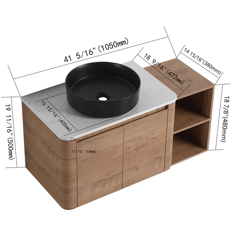 Wall-mounted vanity with black vessel sink, two soft-close doors, and open storage shelf