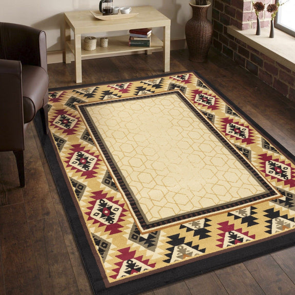 Southwest area rug with cream center and multicolor geometric border on dark edging