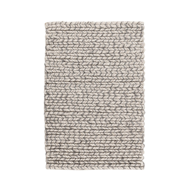 Dawson rug with braided looped texture, light gray and white striped look