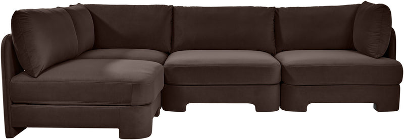 Dark brown velvet performance armless sectional sofa with tufted back cushions