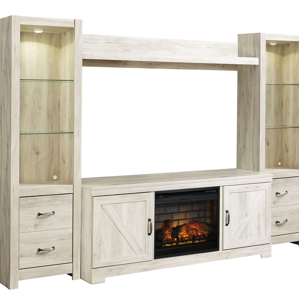Bellaby - Entertainment Center - TV Stand With Faux Firebrick Fireplace Insert - Whitewash